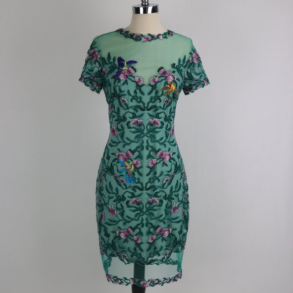 Tadashi Shoji Dresses & Skirts - Tadashi Verena Green Sheer Illusion Embroider Floral Birds Lace Bodycon Dress